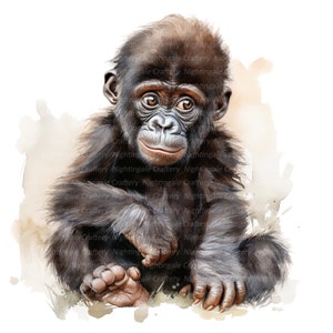 Puede incluir: Una pintura de acuarela de un gorila bebé sentado sobre un fondo marrón claro. El gorila tiene un pelaje marrón oscuro y está mirando directamente al espectador. Los ojos del gorila son marrones y su boca está ligeramente abierta, como si estuviera sonriendo.