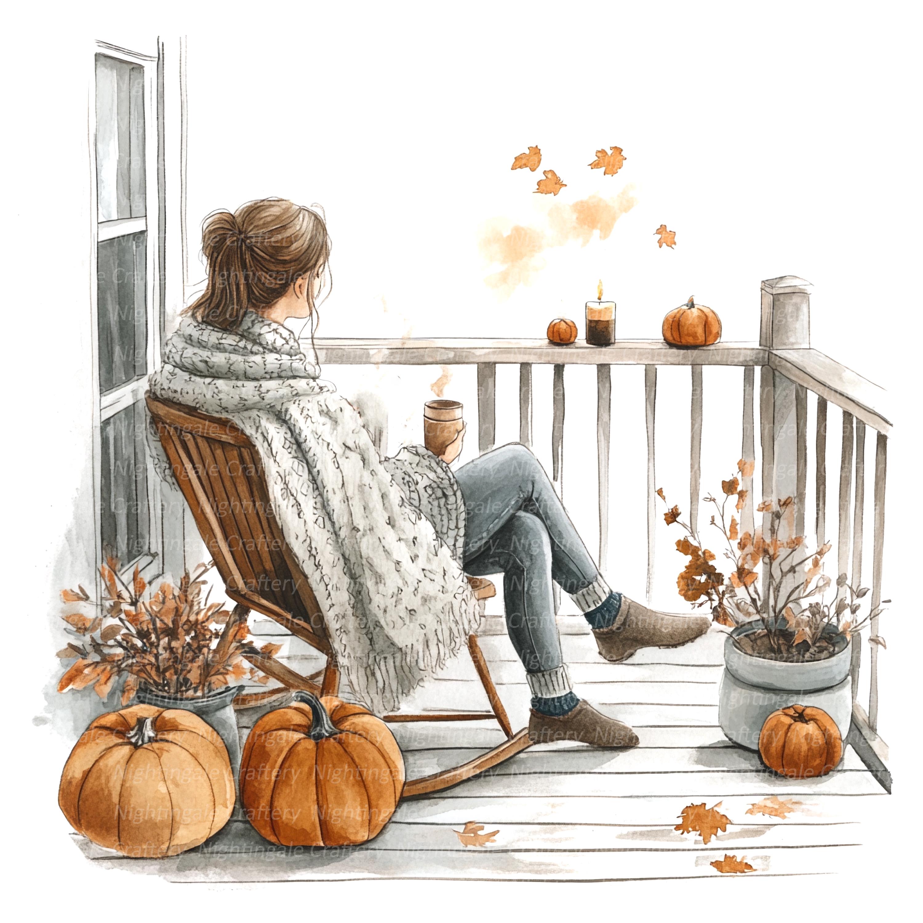 7 Cozy Porch Clipart, Autumn Porch, Coffee, Printable Watercolor ...