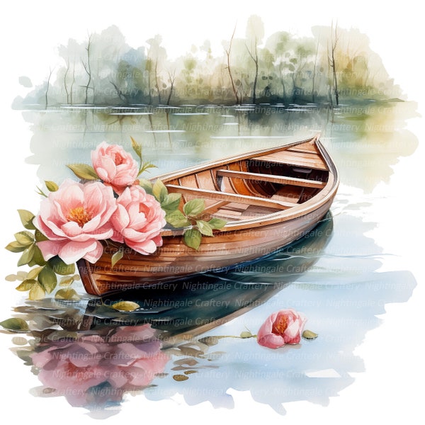 15 Clipart bateau floral, clipart bateau en bois, clipart aquarelle imprimable, JPG de haute qualité, téléchargement numérique, créations en papier, journaux indésirables