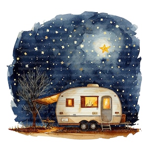 10 clipart de trailer de acampamento à noite, clipart em aquarela para impressão, JPGs de alta qualidade, download digital, artesanato em papel, diários indesejados
