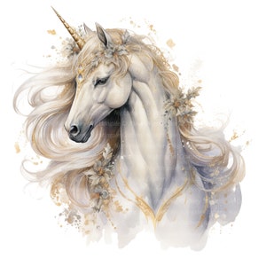 10 hermosas imágenes prediseñadas de unicornio, unicornio dorado, imágenes prediseñadas de acuarela imprimibles, PNG/JPG de alta calidad, descarga digital, diario basura de manualidades de papel