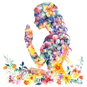 May include: A watercolor illustration of a woman's silhouette filled with colorful flowers. The figure is in profile, with one hand raised. A border of flowers surrounds the base of the figure, creating a vibrant and artistic design.