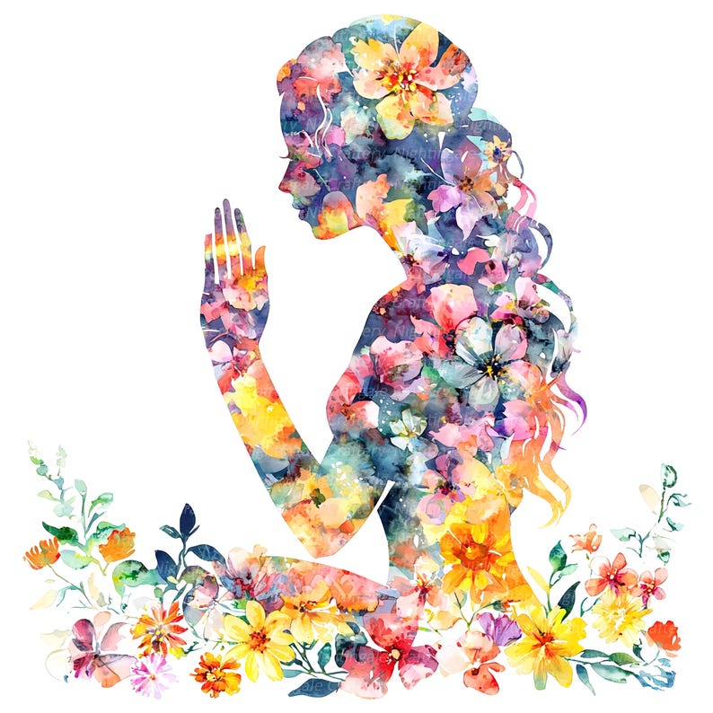 May include: A watercolor illustration of a woman's silhouette filled with colorful flowers. The figure is in profile, with one hand raised. A border of flowers surrounds the base of the figure, creating a vibrant and artistic design.