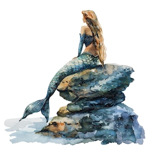 8 Watercolor Mermaid Clipart, Mermaid On Stone, Printable Watercolor clipart, High Quality PNGs, Digital download, Paper craft, junk journal image 6