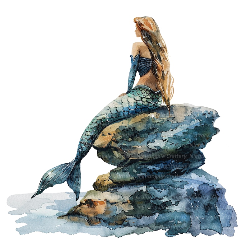 8 Watercolor Mermaid Clipart, Mermaid On Stone, Printable Watercolor clipart, High Quality PNGs, Digital download, Paper craft, junk journal image 6