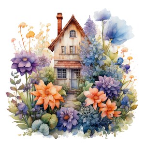 10 imágenes prediseñadas de casas florales, flores de jardín, imágenes prediseñadas de acuarela imprimibles, JPG de alta calidad, descarga digital, alta resolución, manualidades en papel