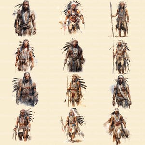 K&ouml;nnte beinhalten: Aquarellillustrationen von indianischen Figuren in traditioneller Kleidung. Die Bilder zeigen M&auml;nner mit Federhauben, die Speere und andere zeremonielle Gegenst&auml;nde halten. Die Kunstwerke haben einen Vintage-Kunststil.