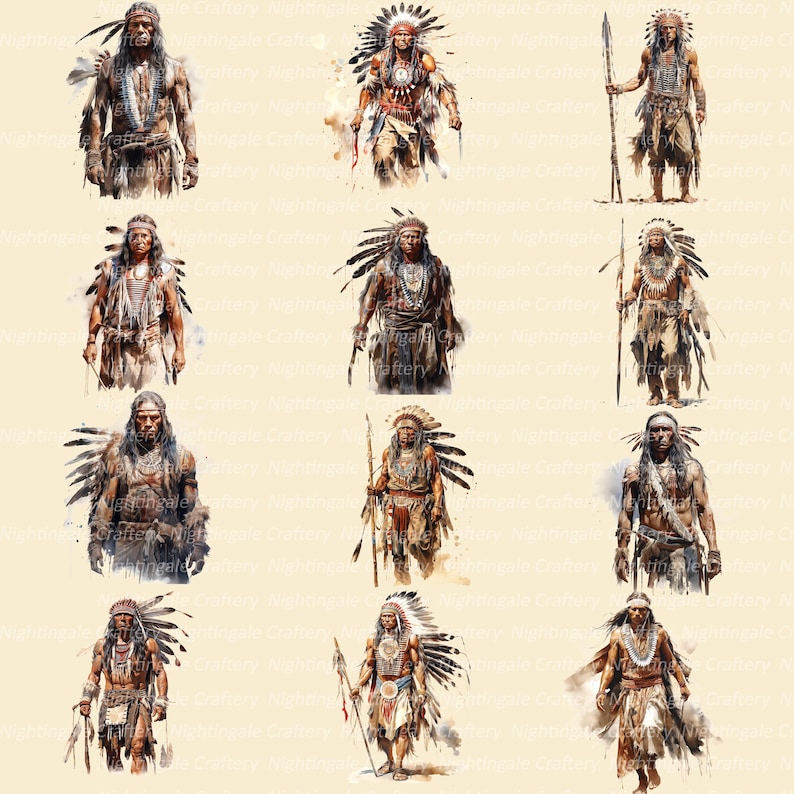 K&ouml;nnte beinhalten: Aquarellillustrationen von indianischen Figuren in traditioneller Kleidung. Die Bilder zeigen M&auml;nner mit Federhauben, die Speere und andere zeremonielle Gegenst&auml;nde halten. Die Kunstwerke haben einen Vintage-Kunststil.