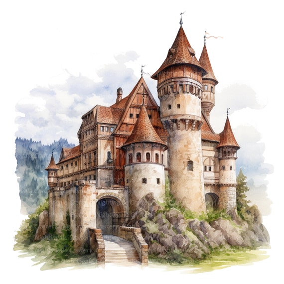 12 中世の城の風景のクリップアート、印刷可能な水彩画の