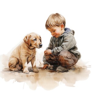 10 cliparts enfant et Labrador, chiot enfant, chien enfant, clipart aquarelle imprimable, JPG de haute qualité, téléchargement numérique, créations en papier, journal indésirable