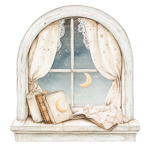 10 imágenes prediseñadas de ventana de guardería, imágenes prediseñadas de noche de guardería, imágenes prediseñadas de acuarela imprimibles, archivos JPG de alta calidad, descarga digital, manualidades de papel, diario