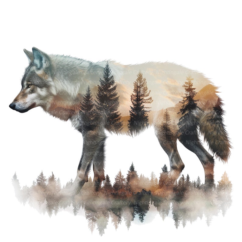 May include: A watercolor illustration of a wolf with a forest scene overlay. The wolf is gray and white, with a detailed fur texture. The forest scene includes pine trees and a mountain range, with a warm color palette.