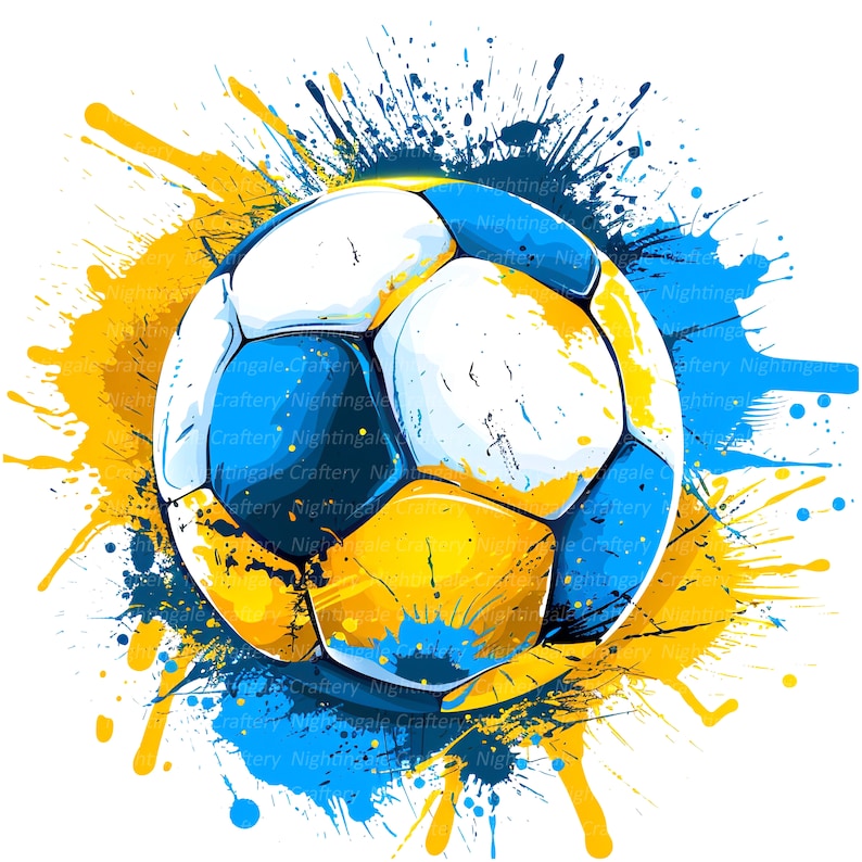 May include: A soccer ball illustration with a white, blue, and yellow color scheme. The ball is surrounded by blue and yellow paint splatters, creating a dynamic and energetic design. The image has a digital art style.