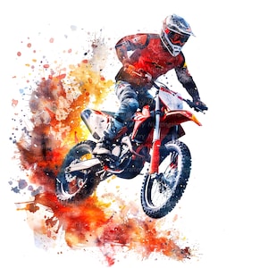 May include: A watercolor illustration of a motocross rider in mid-air, with splashes of orange, yellow, and red paint behind them. The rider is wearing a red and white racing suit and a helmet. The motorcycle is red and white with black wheels.