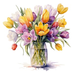 10 Spring Flowers in Vase Clipart, Tulips, Printable Watercolor Clipart ...