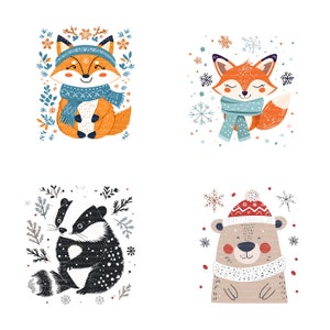 24 Clipart di animali invernali popolari scandinavi, clipart acquerello stampabile, JPG di alta qualità, download digitale, lavoretti di carta, diario di scarto