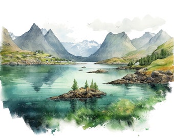 10 Norway Fjords Landscape Clipart, Printable Watercolor clipart, High Quality JPGs, Digital download, High Resolution, Paper craft