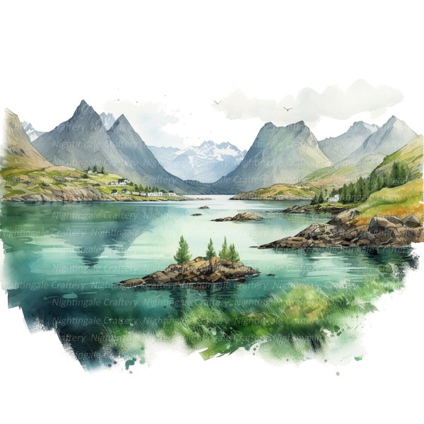 10 cliparts paysage des fjords de Norvège, clipart aquarelle imprimable, fichiers JPG de haute qualité, téléchargement numérique, haute résolution, créations en papier