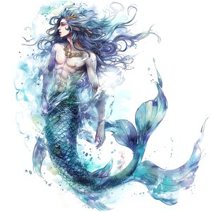 May include: Watercolor painting of a blue and green mermaid with long flowing hair. The mermaid is depicted with a human torso and a fish tail. The painting is set against a white background with splashes of blue and green paint.