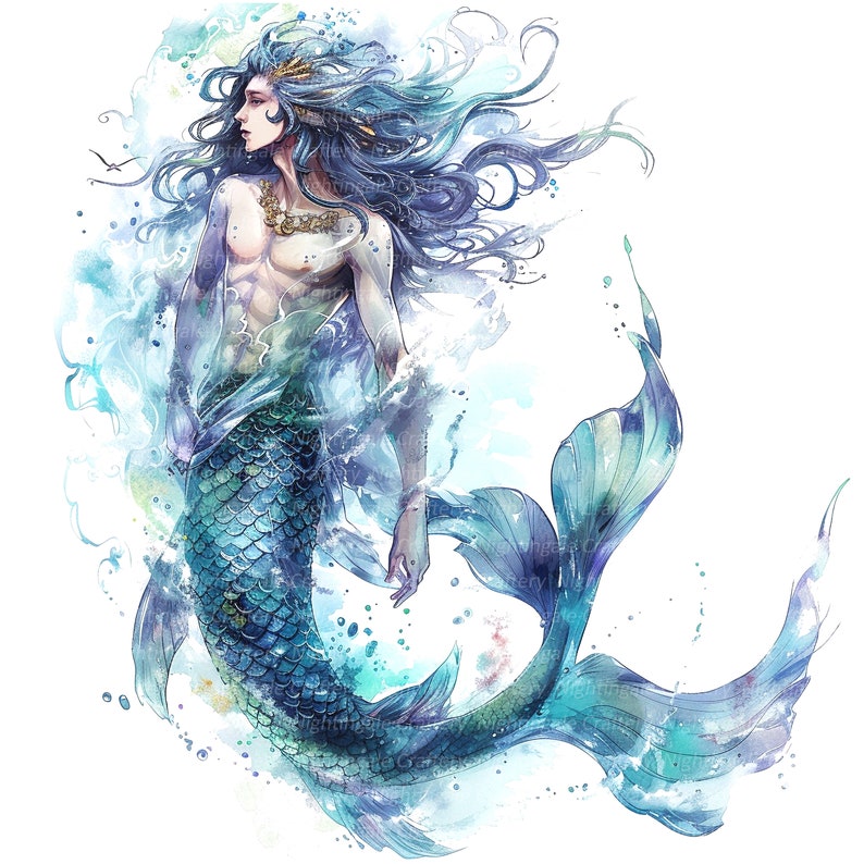 May include: Watercolor painting of a blue and green mermaid with long flowing hair. The mermaid is depicted with a human torso and a fish tail. The painting is set against a white background with splashes of blue and green paint.