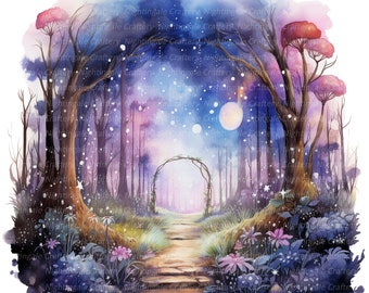 12 imágenes prediseñadas de Bosque Encantado, Bosque Mágico, Imágenes prediseñadas de acuarela imprimibles, JPG de alta calidad, Descarga digital, Alta resolución, Manualidades con papel