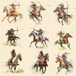 K&ouml;nnte beinhalten: Aquarellillustrationen von indianischen Figuren auf Pferden, die B&ouml;gen und Pfeile anvisieren. Die Pferde werden in Bewegung mit dynamischen Posen dargestellt, die eine Mischung aus Erdt&ouml;nen und k&uuml;nstlerischen Pinselstrichen zeigen. Das Kunstwerk erinnert an Action und kulturelles Erbe.