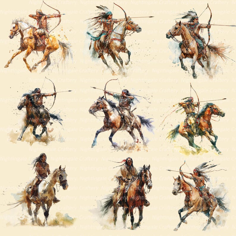 K&ouml;nnte beinhalten: Aquarellillustrationen von indianischen Figuren auf Pferden, die B&ouml;gen und Pfeile anvisieren. Die Pferde werden in Bewegung mit dynamischen Posen dargestellt, die eine Mischung aus Erdt&ouml;nen und k&uuml;nstlerischen Pinselstrichen zeigen. Das Kunstwerk erinnert an Action und kulturelles Erbe.