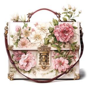 May include: A white leather handbag with a burgundy strap and floral design. The bag has a brass clasp and a floral pattern on the front.