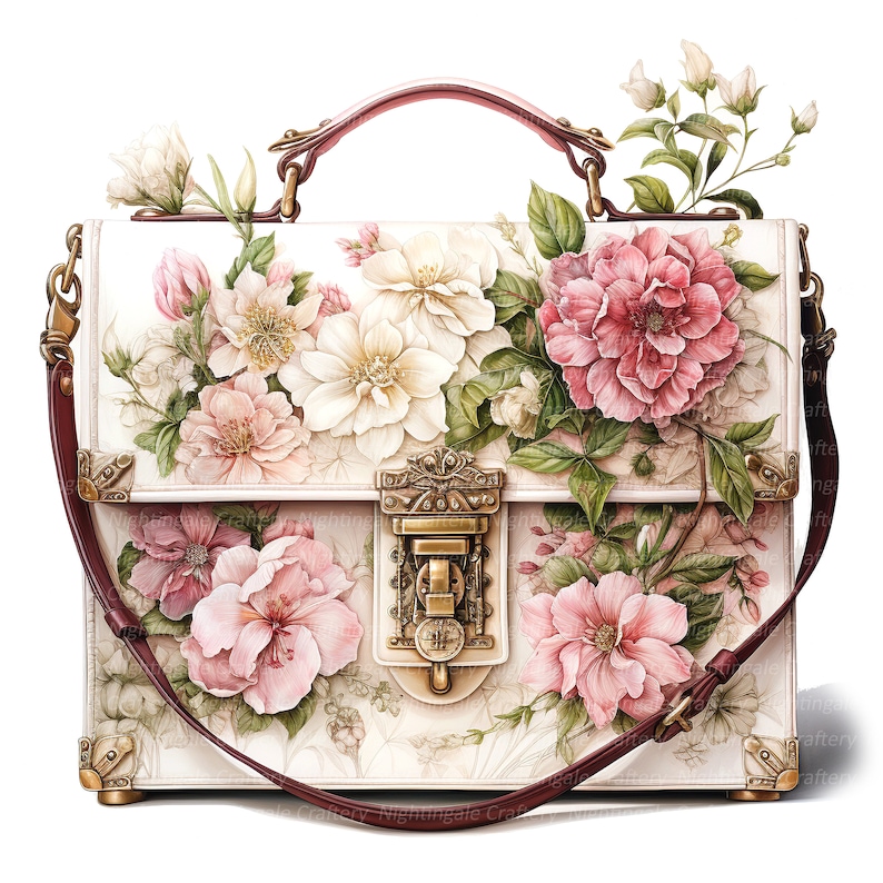 May include: A white leather handbag with a burgundy strap and floral design. The bag has a brass clasp and a floral pattern on the front.
