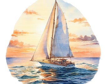 May include: Watercolour painting of a sailboat on the ocean at sunset. The boat has a white sail and is sailing on blue water. The sky is filled with orange and pink clouds. The image is framed by a white border.