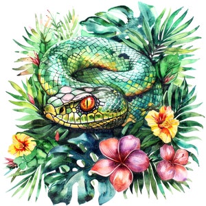 10 clipart de cobra da selva, folhagem verde de cobra, clipart em aquarela para impressão, JPGs de alta qualidade, download digital, artesanato em papel, diário de lixo eletrônico