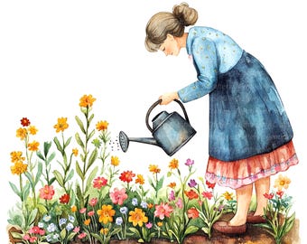 花に水をやる女性10人のイラストセット3、印刷可能な水彩画のイラスト