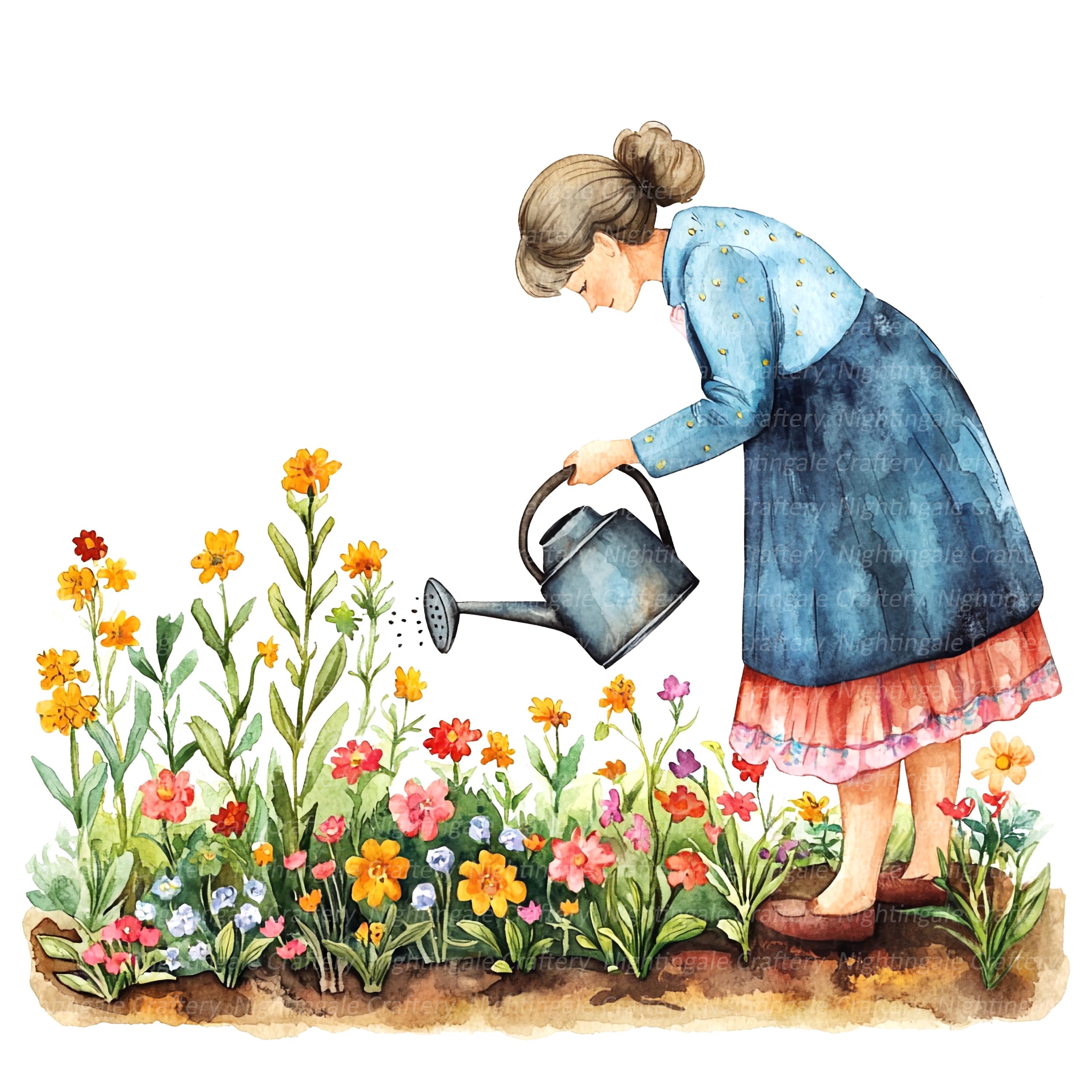 花に水をやる女性10人のイラストセット3、印刷可能な水彩画のイラスト