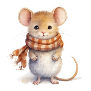 10 imágenes prediseñadas de ratón con bufanda, ratón de invierno, imágenes prediseñadas de acuarela imprimibles, JPG de alta calidad, descarga digital, artesanía de papel, diarios basura