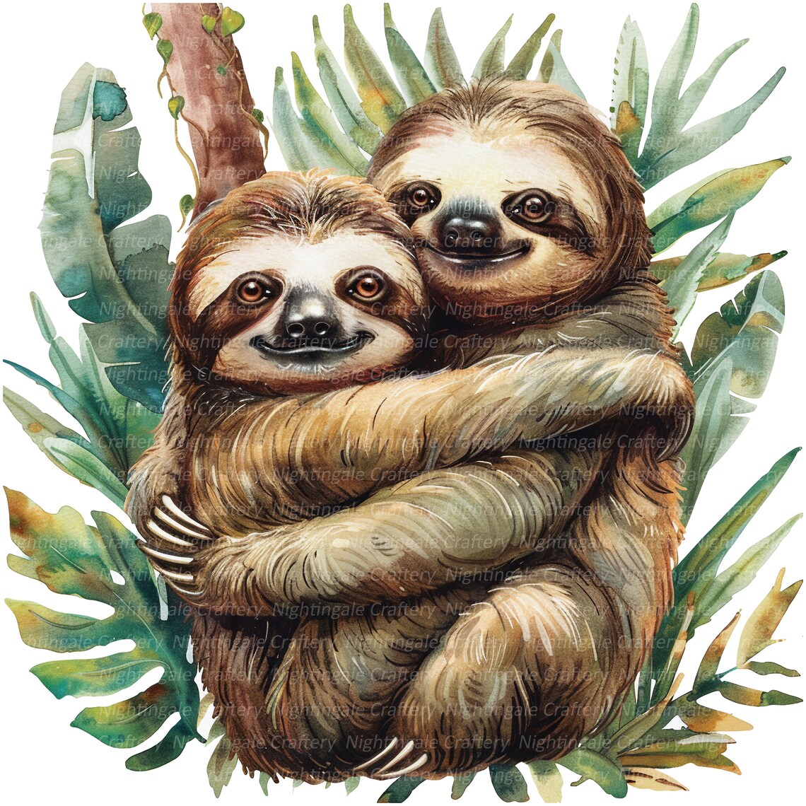 7 Sloths in Jungle Clipart, Sloths Friends, Printable Watercolor ...