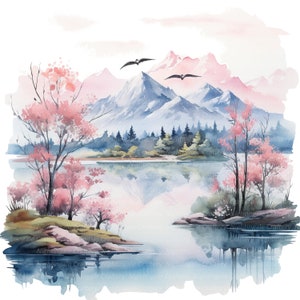 Puede incluir: Pintura acuarela de una escena de lago de monta&ntilde;a con &aacute;rboles de cerezo rosa a cada lado del lago. Las monta&ntilde;as est&aacute;n cubiertas de nieve y el agua refleja el cielo y las monta&ntilde;as.