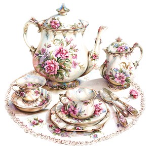 May include: A vintage floral tea set with a teapot, creamer, and two teacups and saucers. The set is decorated with pink and white flowers and gold accents. The teacups and saucers are on a white lace doily.