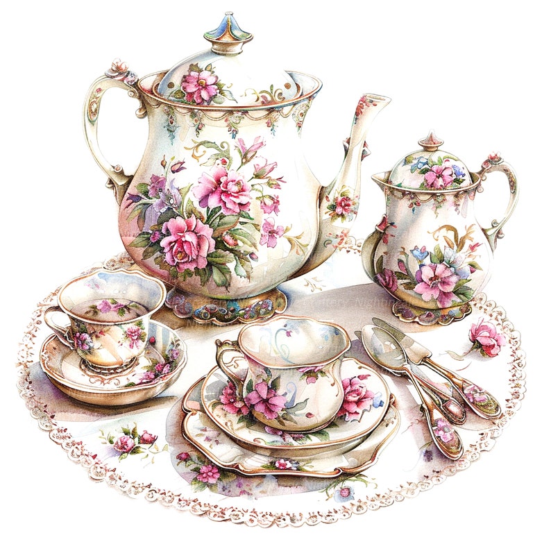May include: A vintage floral tea set with a teapot, creamer, and two teacups and saucers. The set is decorated with pink and white flowers and gold accents. The teacups and saucers are on a white lace doily.