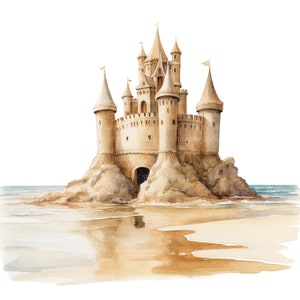 8 Beach Sand Castle Clipart, Cartoon Castle, Printable Watercolor clipart, Wysokiej jakości JPG, Pobieranie cyfrowe, Rękodzieło papierowe, Junk Journals