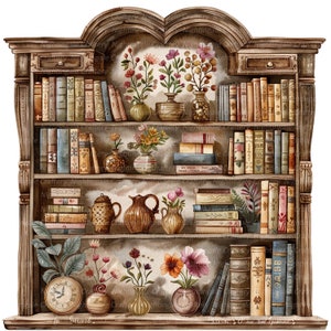 May include: A wooden bookshelf with five shelves filled with books. The shelves are decorated with small vases of flowers and other decorative items. The bookshelf is painted in a light brown color and has a distressed finish.