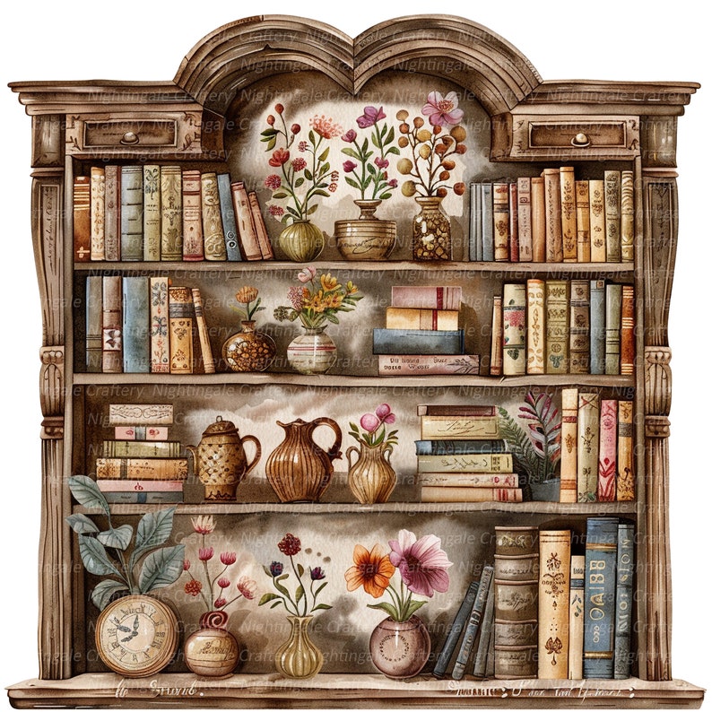 May include: A wooden bookshelf with five shelves filled with books. The shelves are decorated with small vases of flowers and other decorative items. The bookshelf is painted in a light brown color and has a distressed finish.