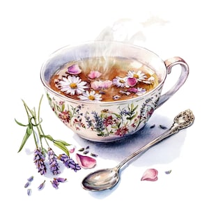 10 cliparts floraux de tasse de thé, tasse de thé d'herbes, clipart aquarelle imprimable, JPGs de haute qualité, téléchargement numérique, créations de papier, journaux de rebut