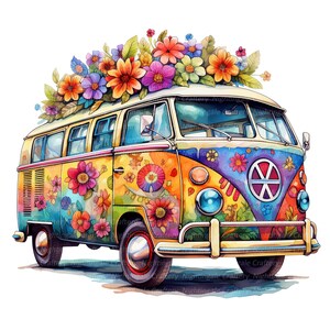 10 Floral Hippie Bus Clipart, Hippie Van, Printable Watercolor clipart, High Quality JPGs, Digital download, High Resolution, Paper craft image 6