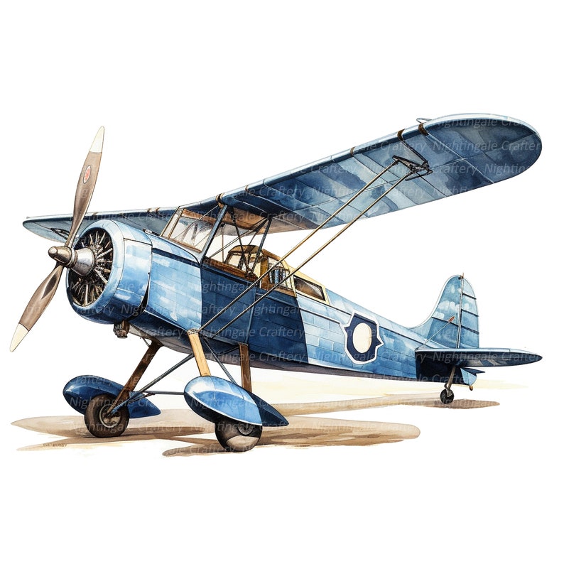 Puede incluir: Un biplano azul y blanco con una h&eacute;lice en la parte delantera. El avi&oacute;n tiene un s&iacute;mbolo blanco redondo en el lateral.