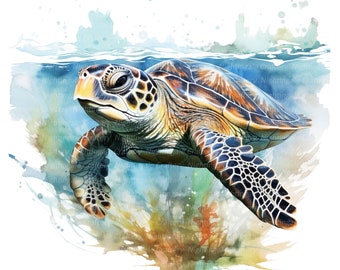 May include: A watercolor painting of a green sea turtle swimming in the ocean. The turtle is brown, green, and black with a light blue background. The turtle is surrounded by coral and other sea life.