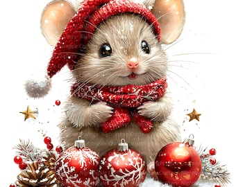 7 Christmas Mouse Clipart, Christmas Card, Printable Watercolor clipart, High Quality JPG/PNGs, Digital Download, Paper craft, junk journals