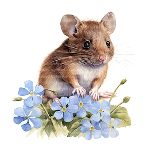 Ratón entre flores, clipart de acuarela imprimible, 10 PNG de alta calidad, descarga digital, alta resolución, manualidades de papel, diarios basura