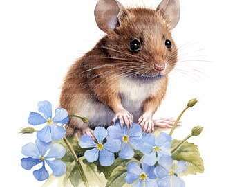 Mouse in flowers Clipart, Printable Watercolor clipart, 10 High Quality PNGs, Digital download, High resolution, Paper craft, junk journals