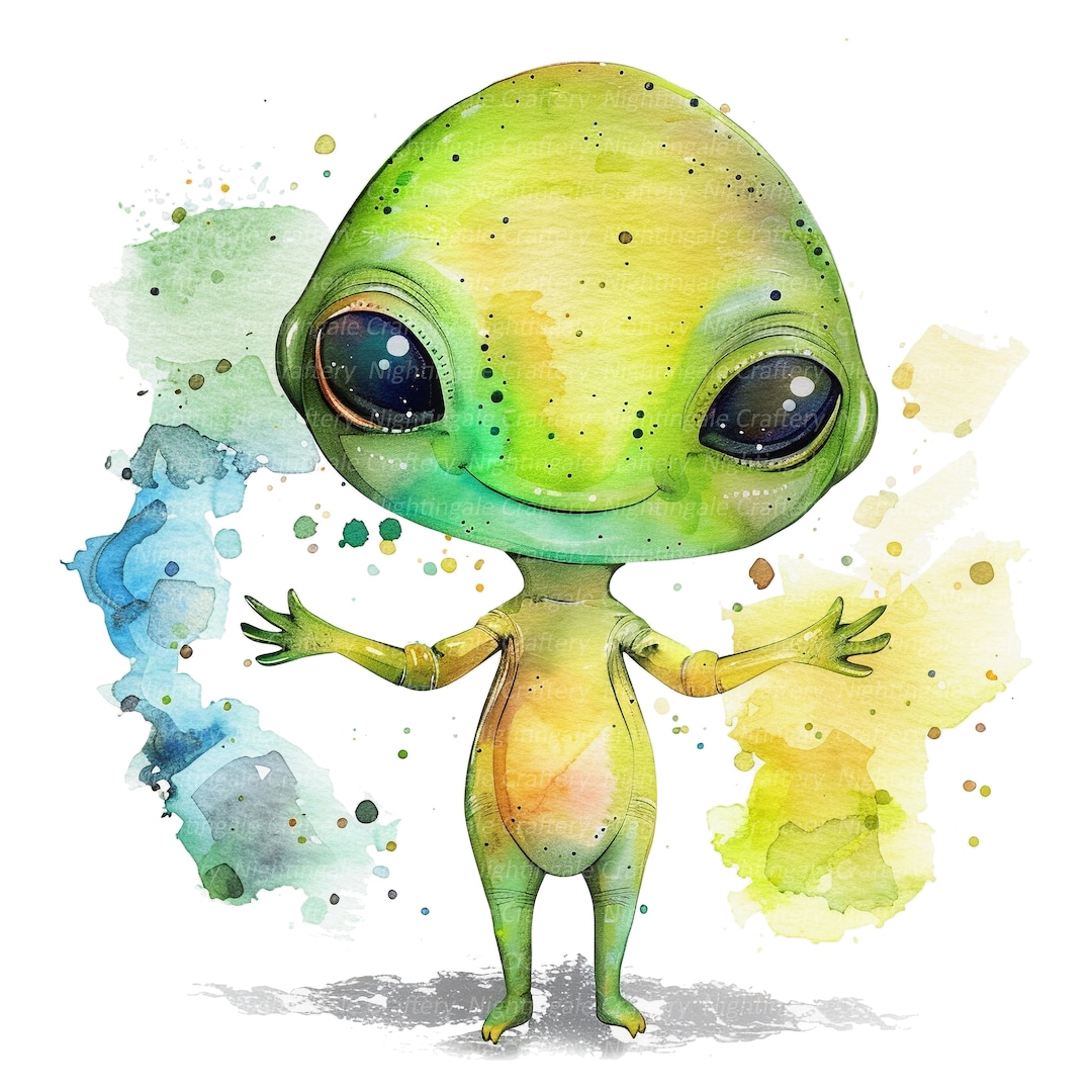 10 Cartoon Alien Clipart, Aliens Clipart, UFO, Printable Watercolor