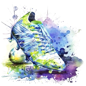 12 botas de fútbol, imágenes prediseñadas de zapatos de fútbol, imágenes prediseñadas de acuarela imprimibles, PNG/JPG de alta calidad, descarga digital, manualidades de papel, revistas
